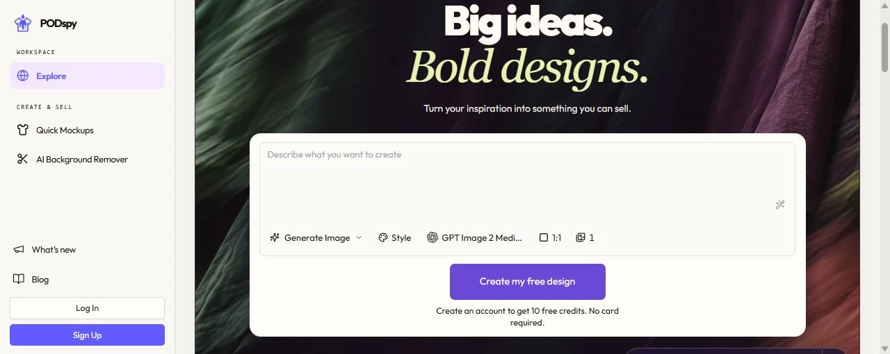Public signed-out PODspy workspace with the Generate Image controls and an empty design brief