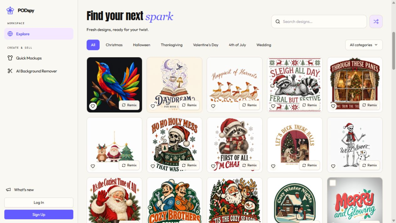 The PODspy Explore gallery with design categories, search, and Remix buttons on design cards