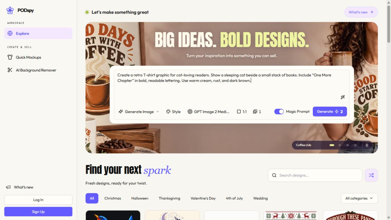 PODspy Generate Image with a book-lover design brief, model selector, aspect ratio, and Magic Prompt controls