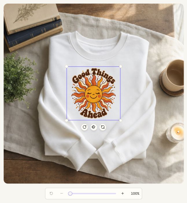 Actual PODspy manual mockup composer with Good Things Ahead artwork selected on a sweatshirt, resize handles, rotation controls, and zoom
