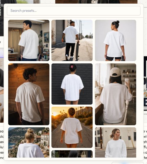 Actual PODspy Mockup Presets picker in a Project, with searchable lifestyle and apparel scene thumbnails