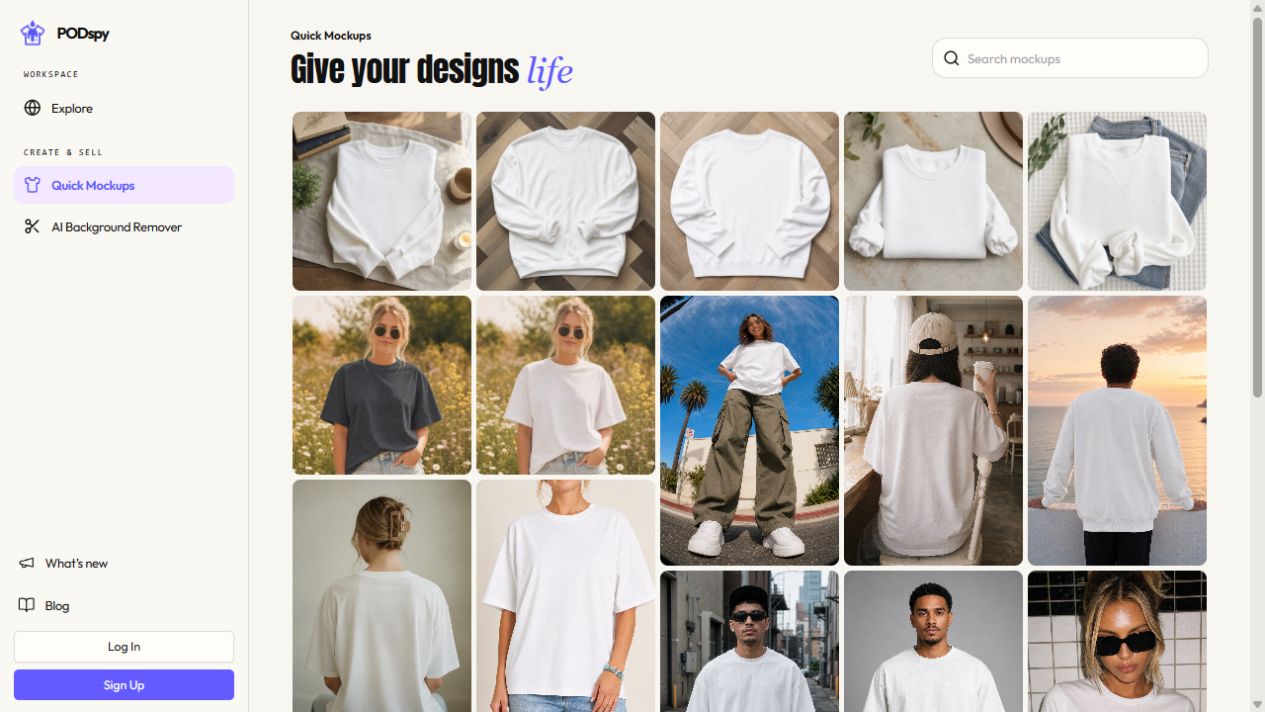 Actual PODspy Quick Mockups gallery with apparel flat lays and studio and outdoor lifestyle scenes